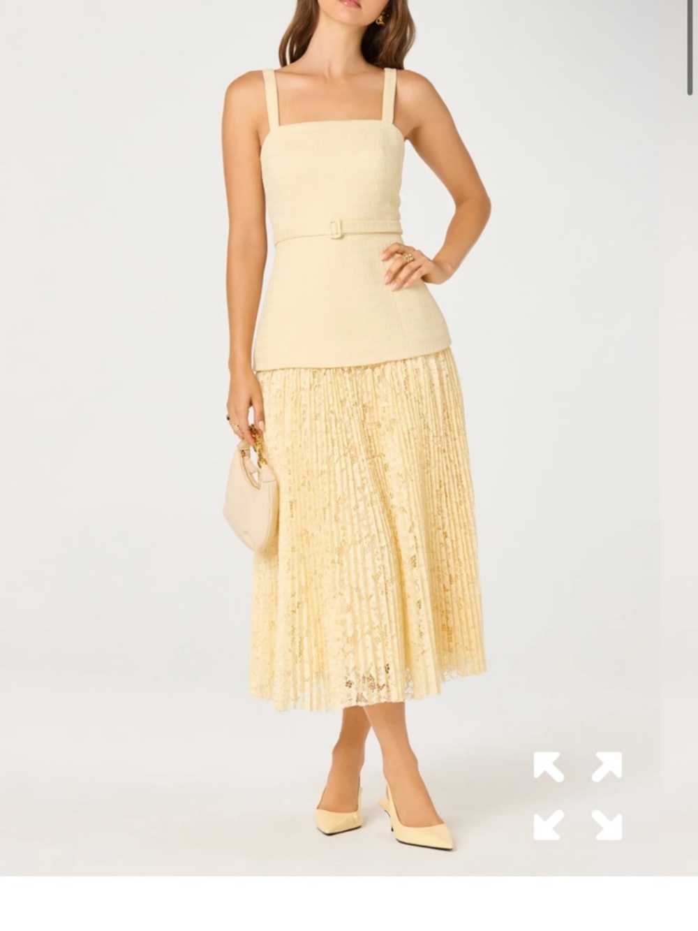 Astr Pale Yellow Lace Pleated Midi Dress